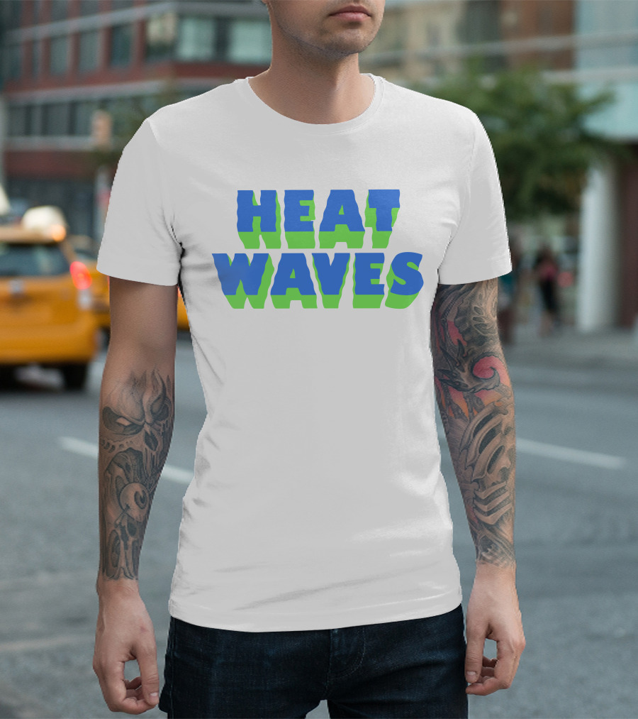 HEAT WAVES Bold 3D Text Design in Blue and Green T-Shirt