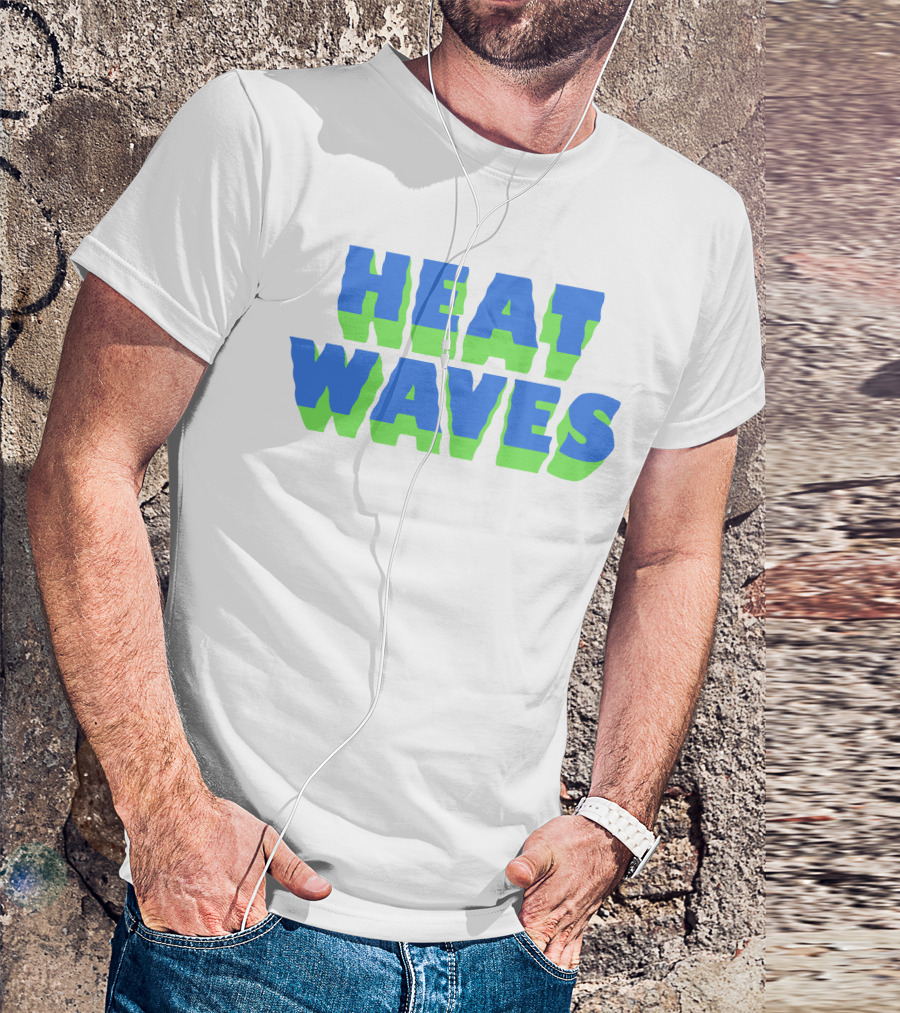 HEAT WAVES Bold 3D Text Design In Blue And Green T-Shirt