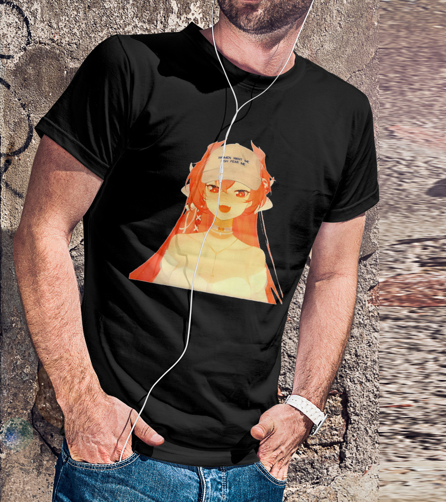 Women Want Me Fish Fear Me Red-Haired Anime Style Character Wearing Hat T-Shirt