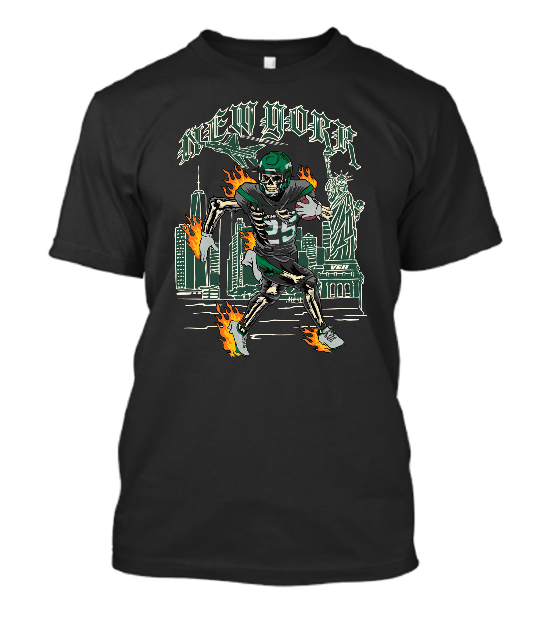Ty Johnson New York Skeleton Football Flames Liberty Statue City Skyline T-Shirt