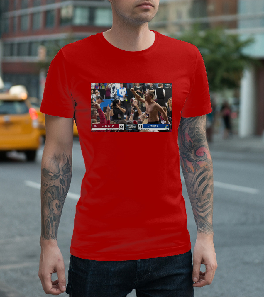 Eric Musselman Celebrates Arkansas 72-71 Victory Over Kansas In March Madness T-Shirt