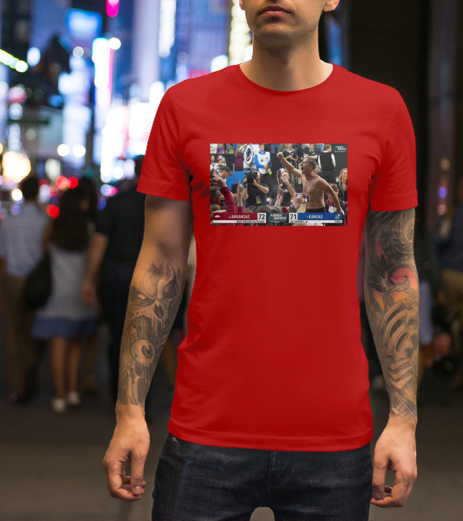 Eric Musselman Celebrates Arkansas 72-71 Victory Over Kansas In March Madness T-Shirt