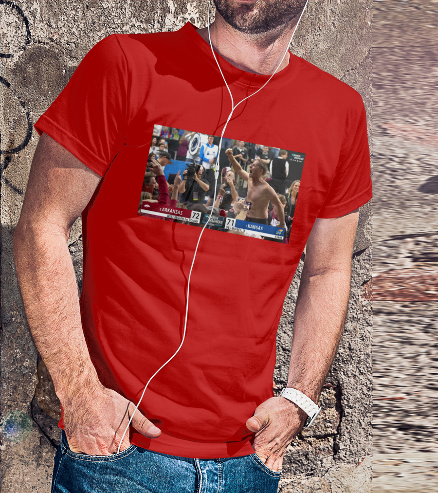 Eric Musselman Celebrates Arkansas 72-71 Victory Over Kansas In March Madness T-Shirt