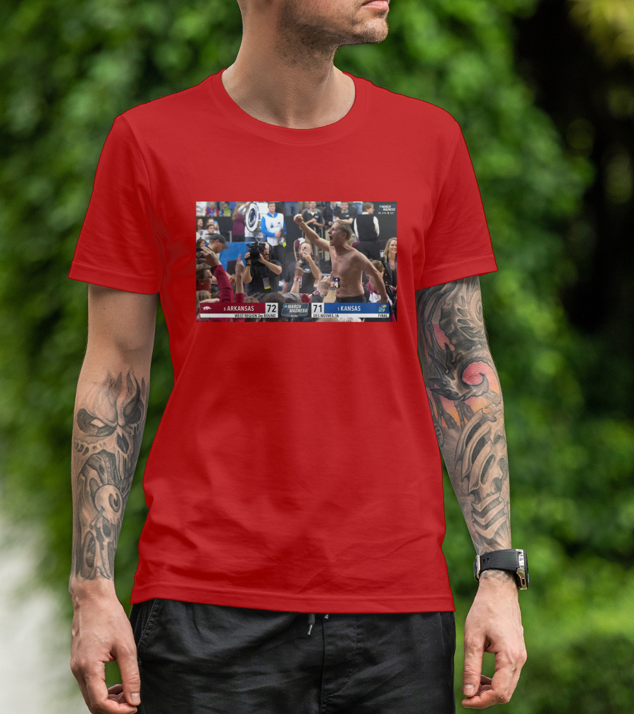 Eric Musselman Celebrates Arkansas 72-71 Victory Over Kansas In March Madness T-Shirt