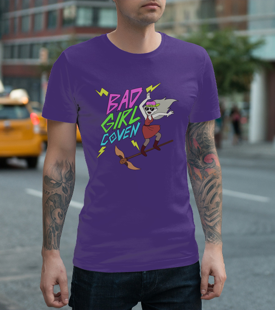 Bad Girl Coven Witch on Broomstick with Lightning Bolts T-Shirt