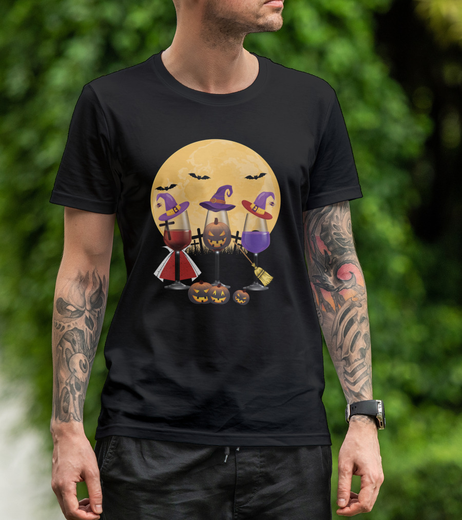 Halloween Wine Lovers Witches With Jack-o'-Lanterns And Full Moon T-Shirt