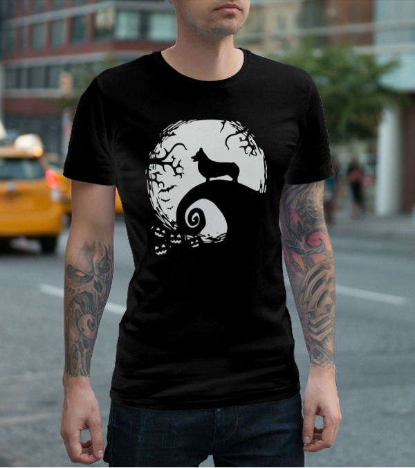 Corgi Howls At Halloween Moon With Jack O'Lanterns T-Shirt