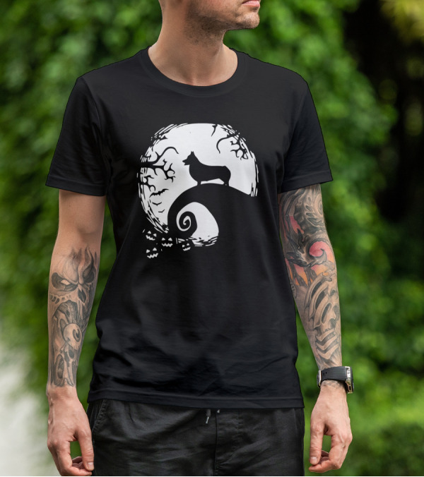 Corgi Howls At Halloween Moon With Jack O'Lanterns T-Shirt