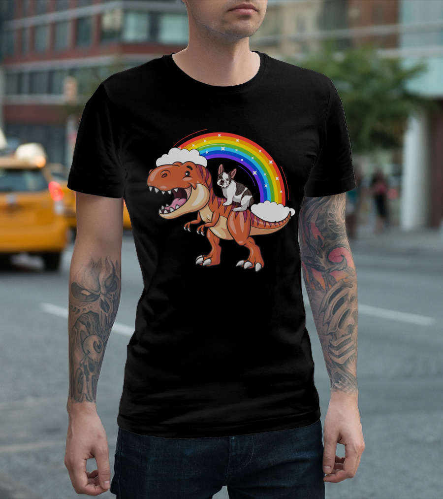 French Bulldog Riding Dinosaur with Rainbow and Clouds T-Shirt