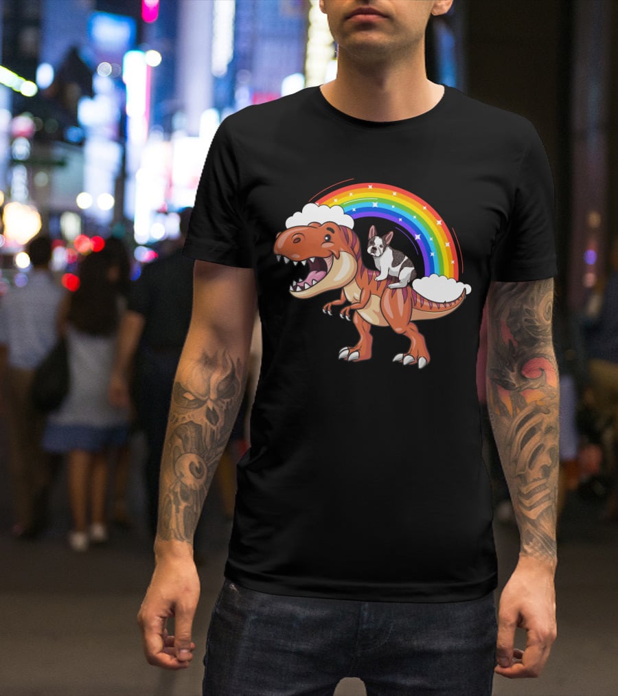 French Bulldog Riding Dinosaur With Rainbow And Clouds T-Shirt