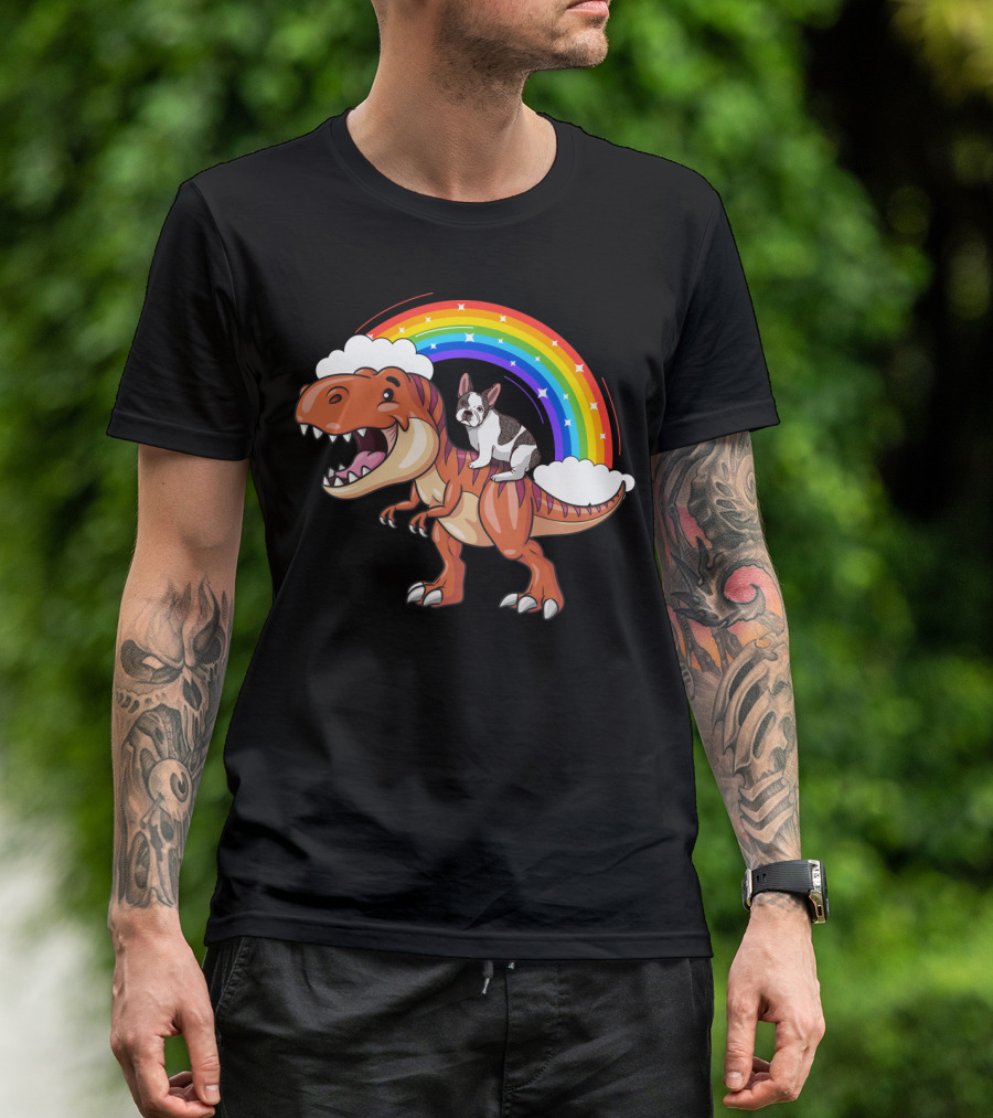 French Bulldog Riding Dinosaur With Rainbow And Clouds T-Shirt