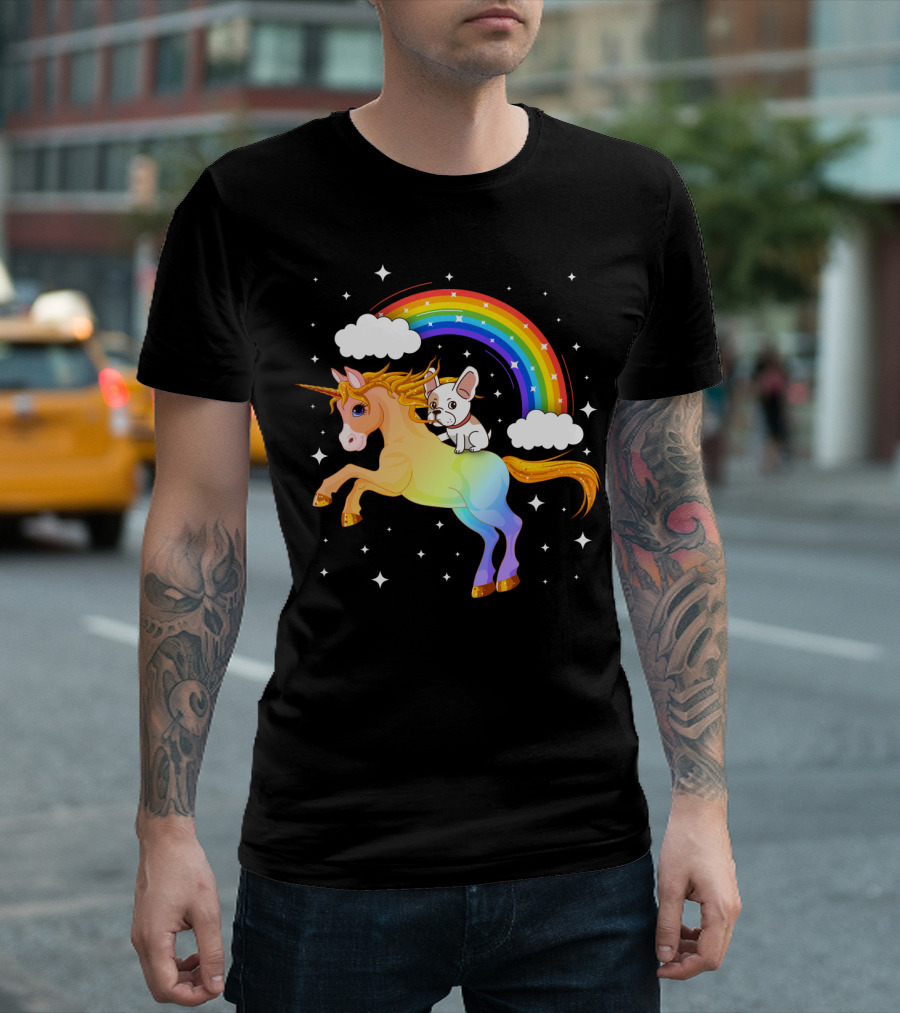 French Bulldog Riding Rainbow Unicorn with Stars and Clouds T-Shirt