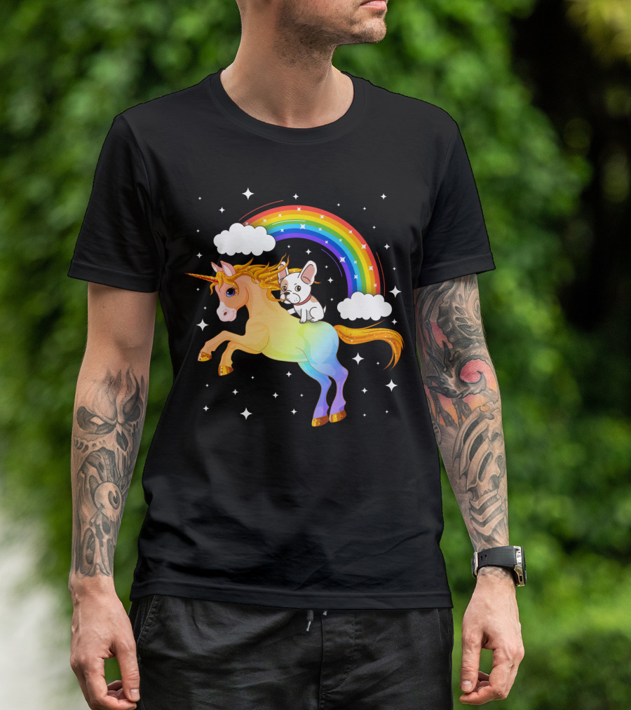 French Bulldog Riding Rainbow Unicorn With Stars And Clouds T-Shirt