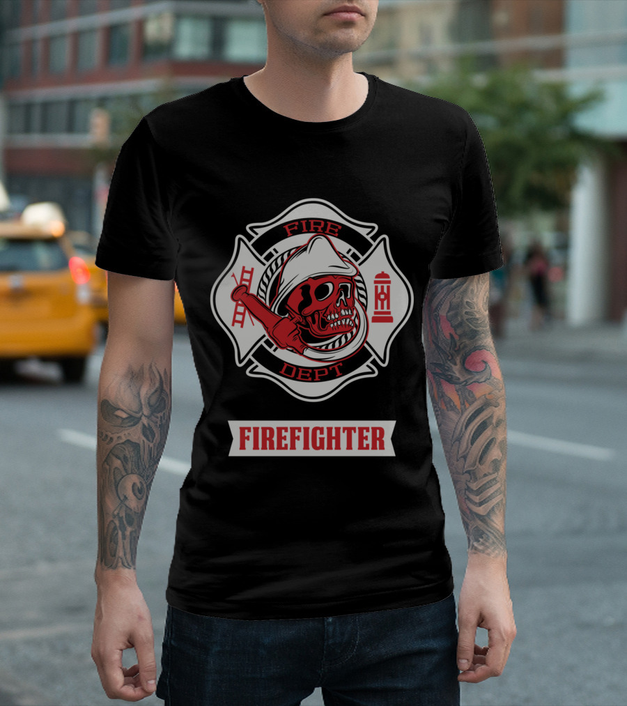 Firefighter Skull Fire Dept Maltese Cross T-Shirt