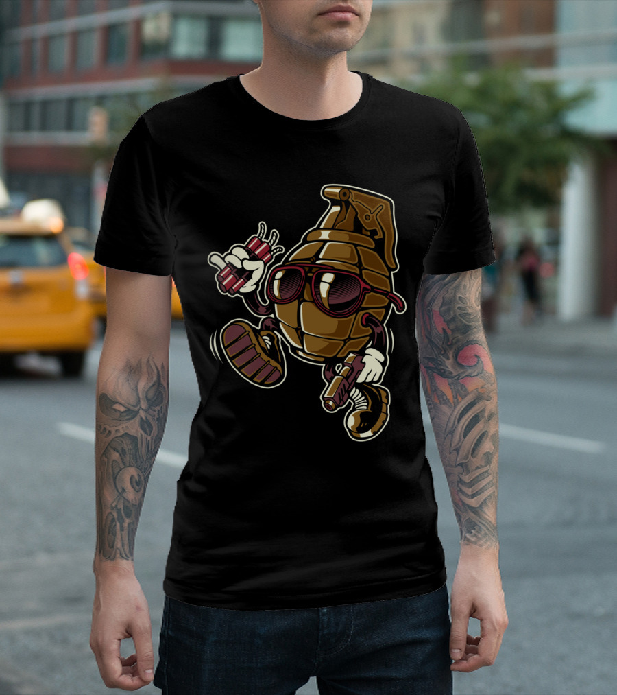 Grenade Sunglasses Walking Character with Dynamite and Gun T-Shirt