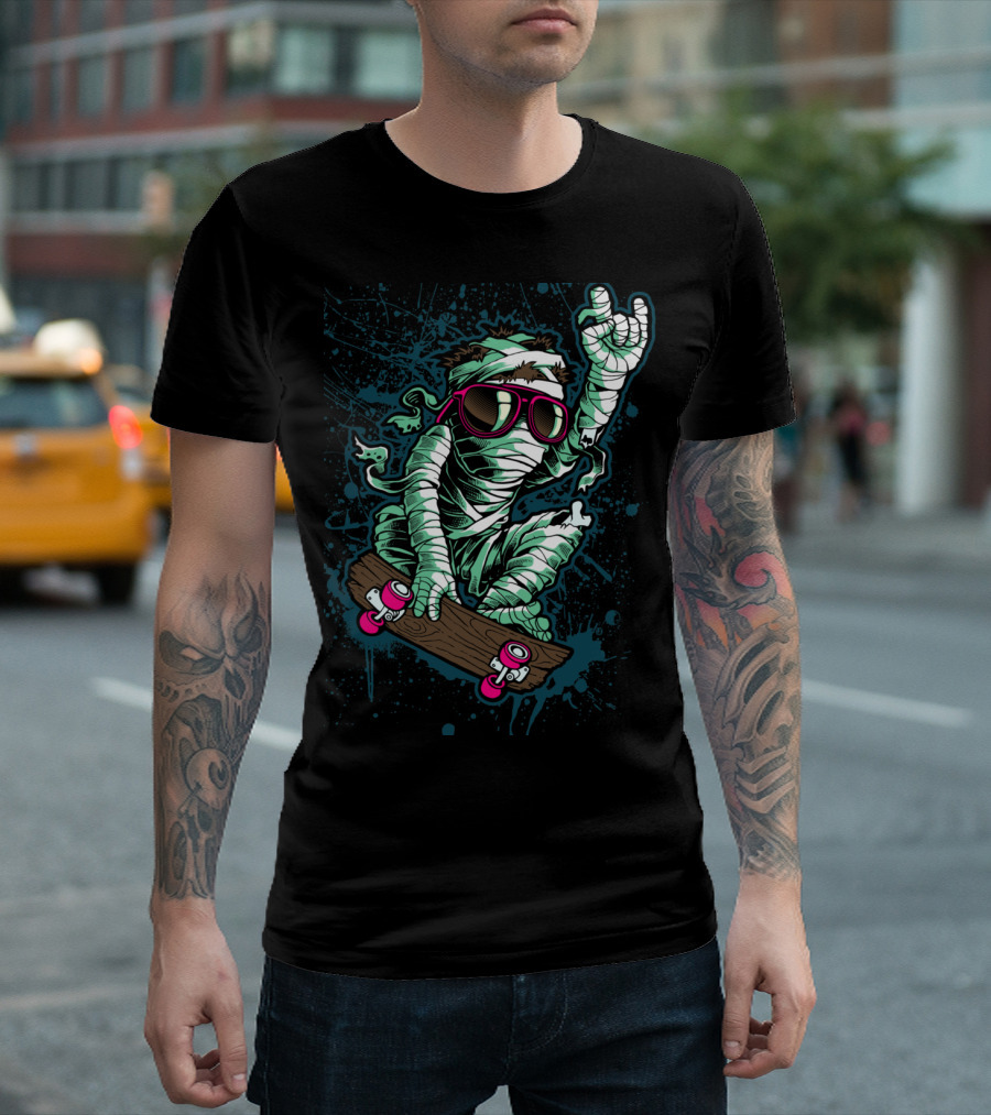 Return Mummy Skateboarding with Sunglasses Rock Hand Gesture T-Shirt