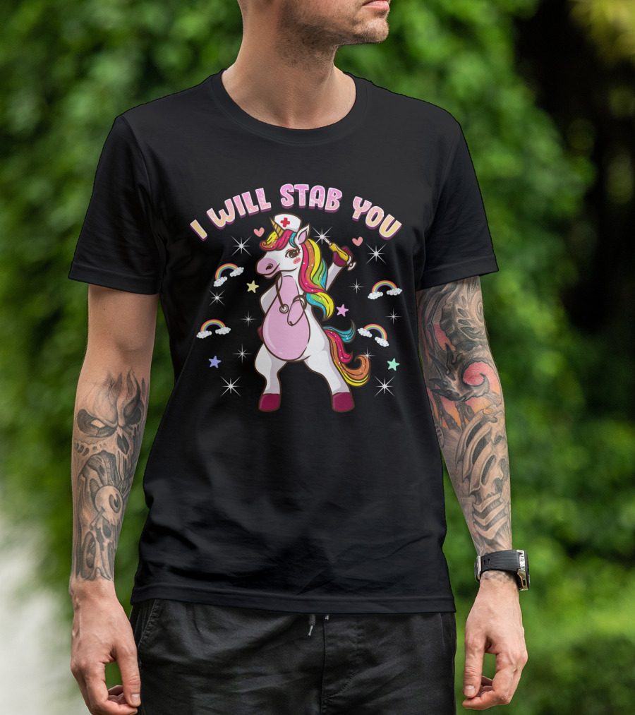 Nursicorn Nurse Unicorn I Will Stab You Rainbow Medical Student T-Shirt