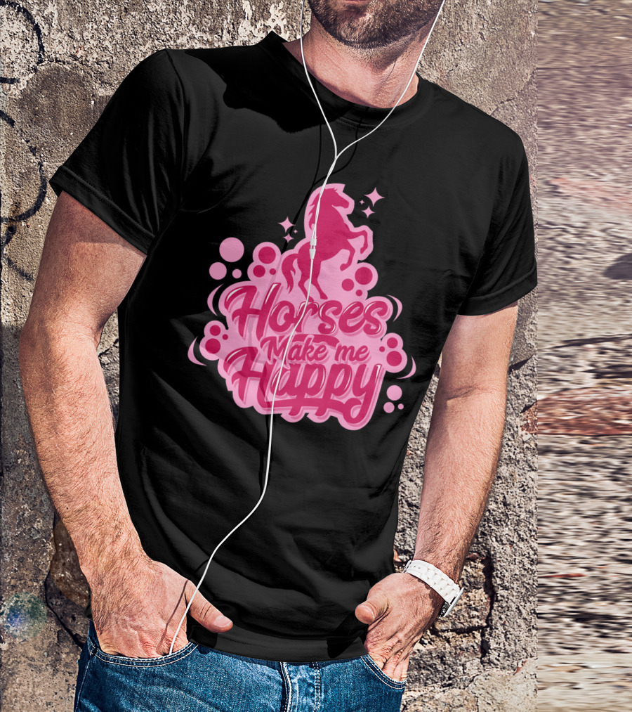 Horses Make Me Happy Pink Horse Silhouette With Stars And Circles T-Shirt