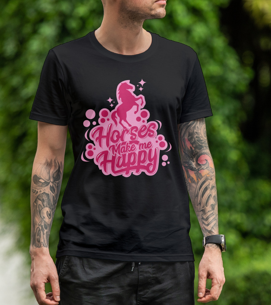 Horses Make Me Happy Pink Horse Silhouette With Stars And Circles T-Shirt