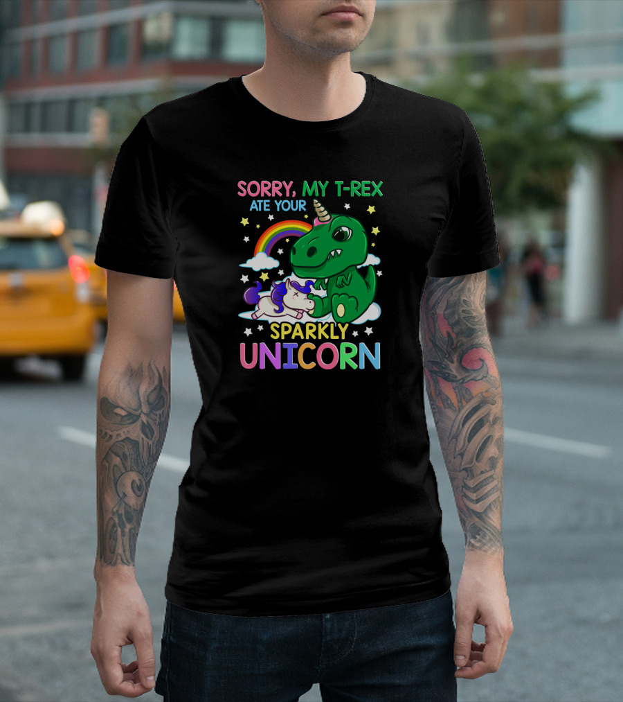 Sorry My T-Rex Ate Your Sparkly Unicorn Rainbow Stars Clouds T-Shirt