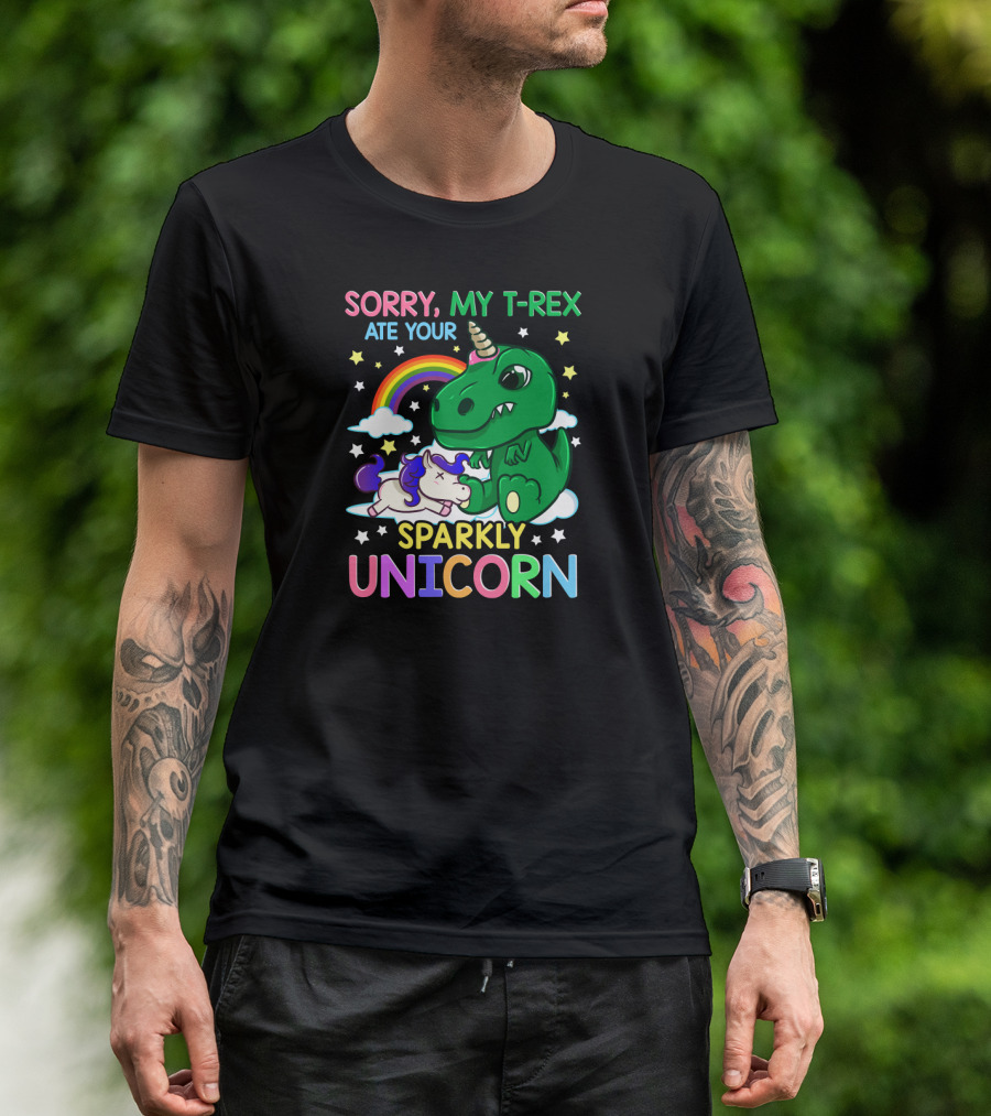 Sorry My T-Rex Ate Your Sparkly Unicorn Rainbow Stars Clouds T-Shirt