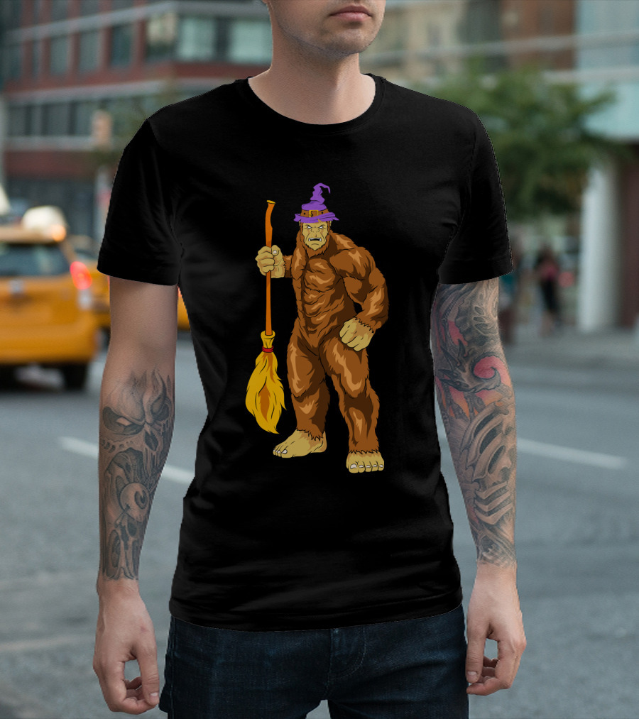 Bigfoot Witch Sasquatch with Broomstick Halloween Wizard Hat T-Shirt