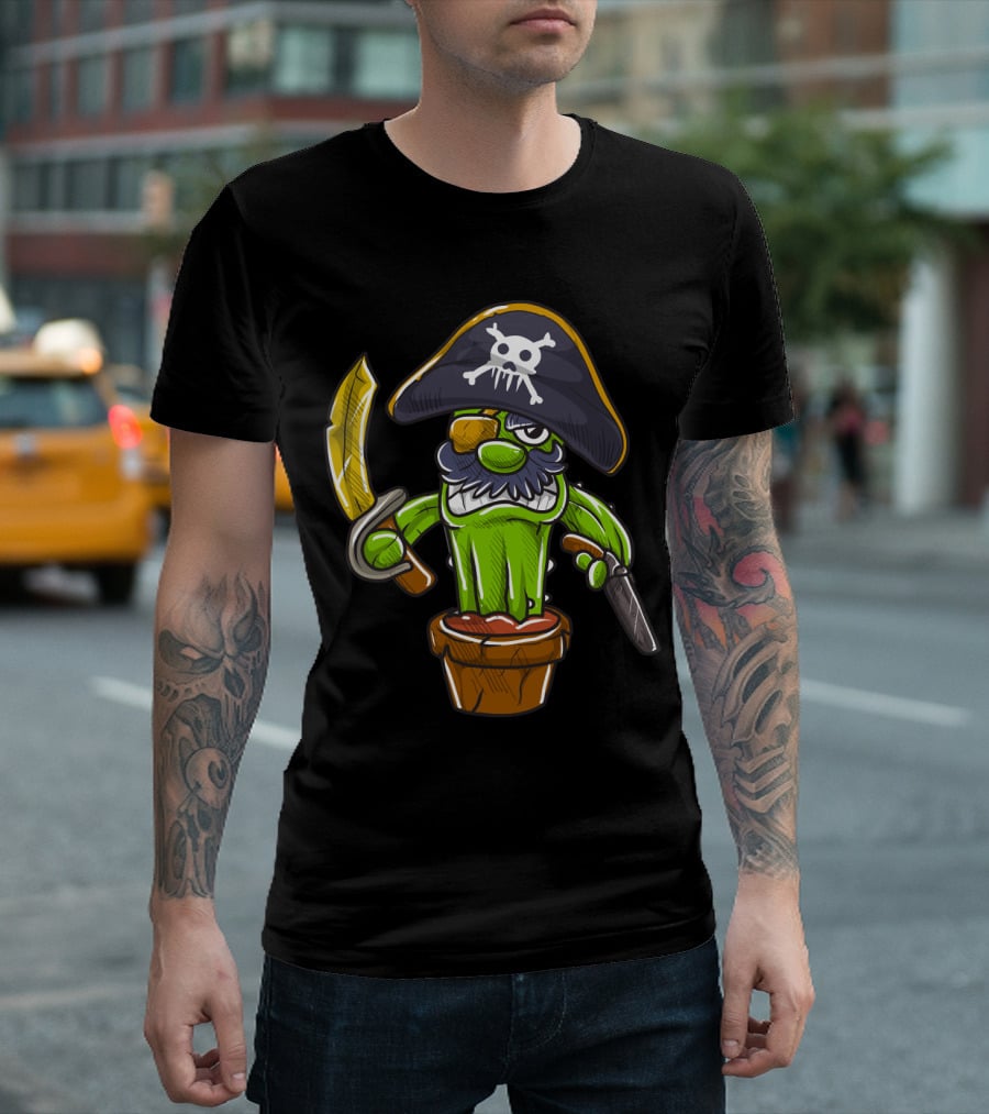 Cactus Pirate Jolly Roger Skull Spooky Pot Sword Eyepatch T-Shirt