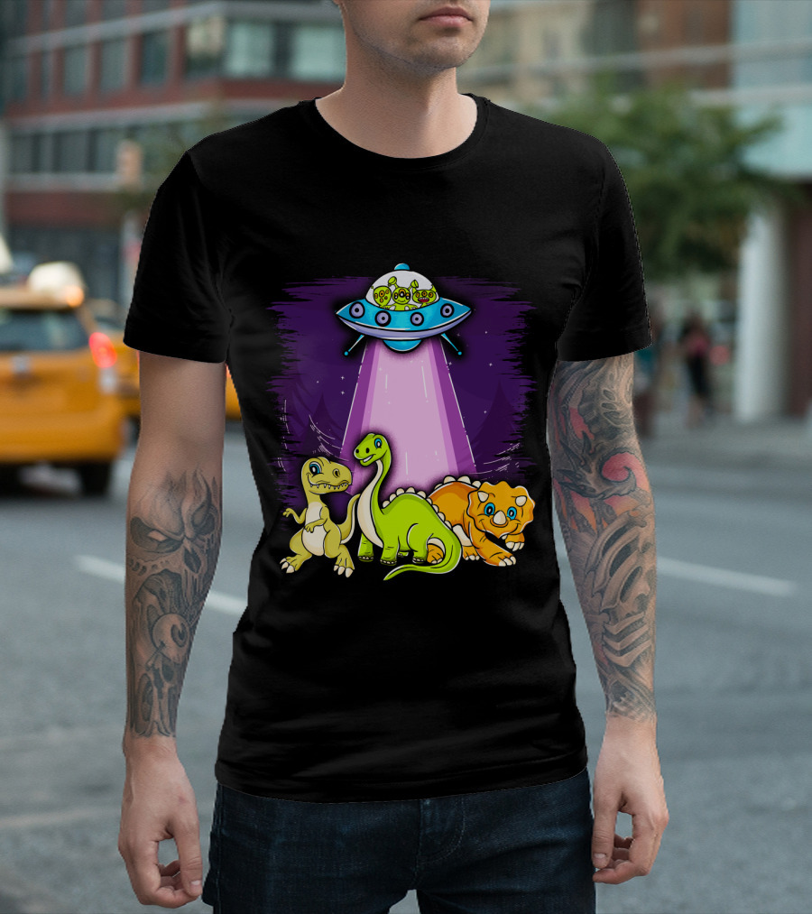 Dinosaur Alien Abduction Dinosaur Extinction Conspiracy UFO Cartoon T-Shirt