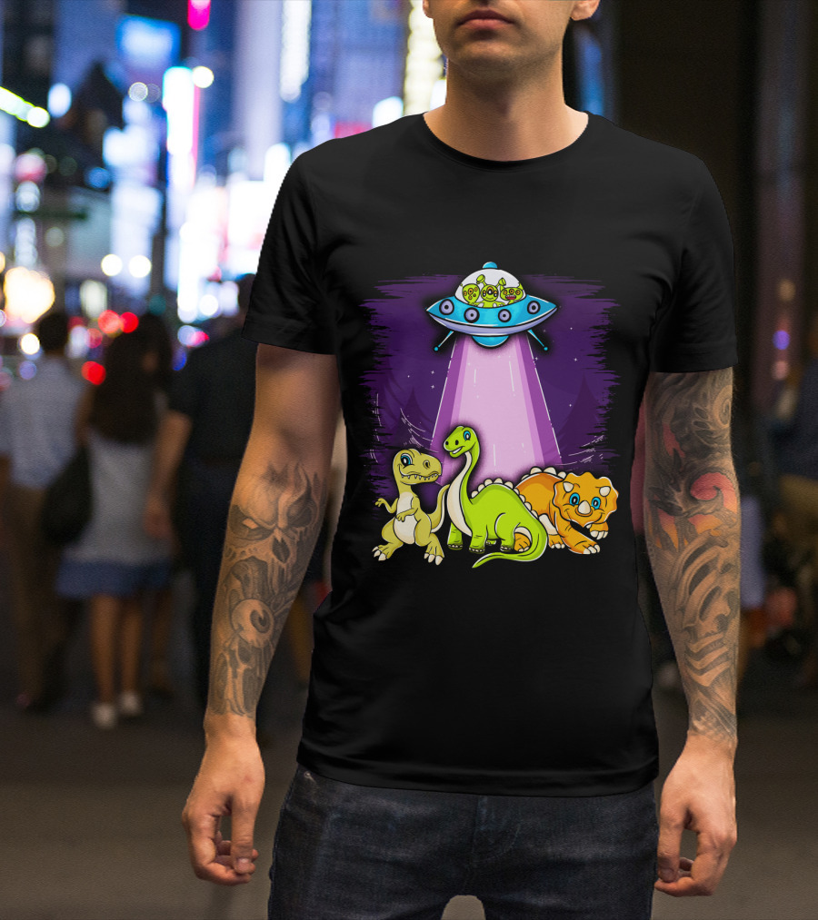 Dinosaur Alien Abduction Dinosaur Extinction Conspiracy UFO Cartoon T-Shirt