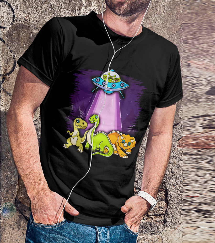 Dinosaur Alien Abduction Dinosaur Extinction Conspiracy UFO Cartoon T-Shirt