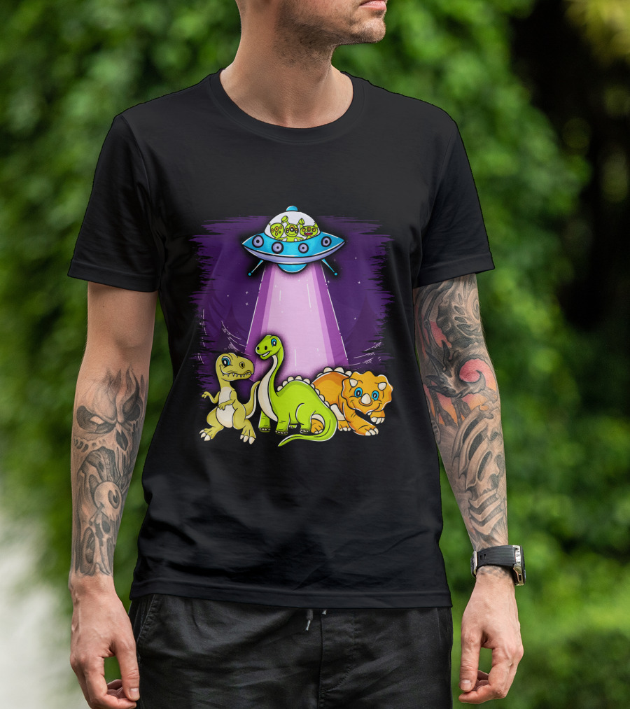 Dinosaur Alien Abduction Dinosaur Extinction Conspiracy UFO Cartoon T-Shirt