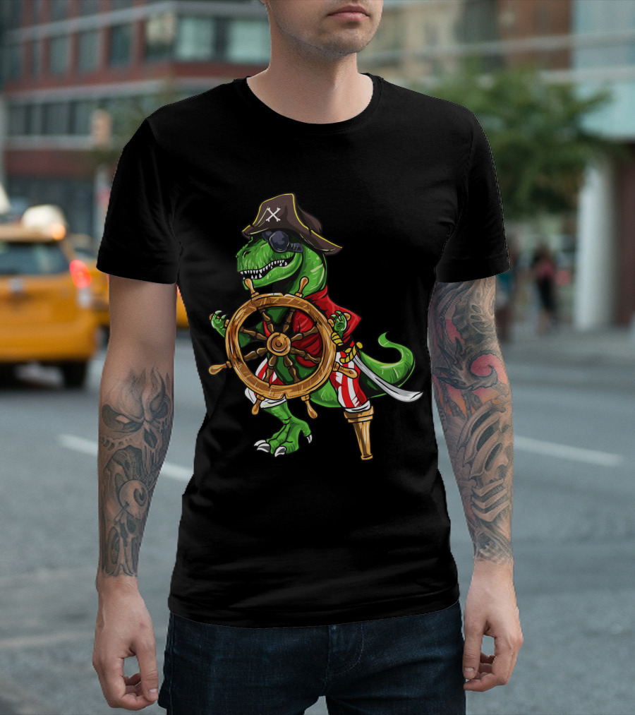 T-Rex Pirate Hat Wooden Leg Steering Ship Wheel Halloween Skull T-Shirt