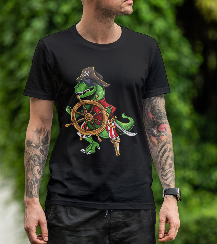 T-Rex Pirate Hat Wooden Leg Steering Ship Wheel Halloween Skull T-Shirt