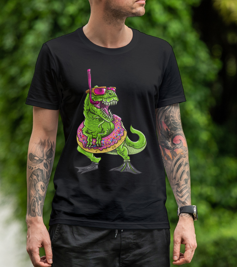 Dinosaur Snorkeling Donut Float Summer Pool Party T-Shirt