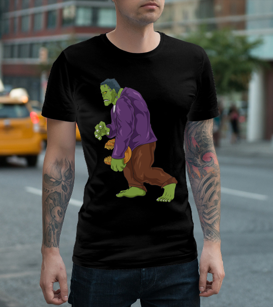 Frankenstein Bigfoot Carrying Pumpkin Funny Halloween Monster Zombie T-Shirt