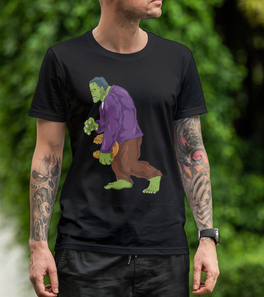 Frankenstein Bigfoot Carrying Pumpkin Funny Halloween Monster Zombie T-Shirt