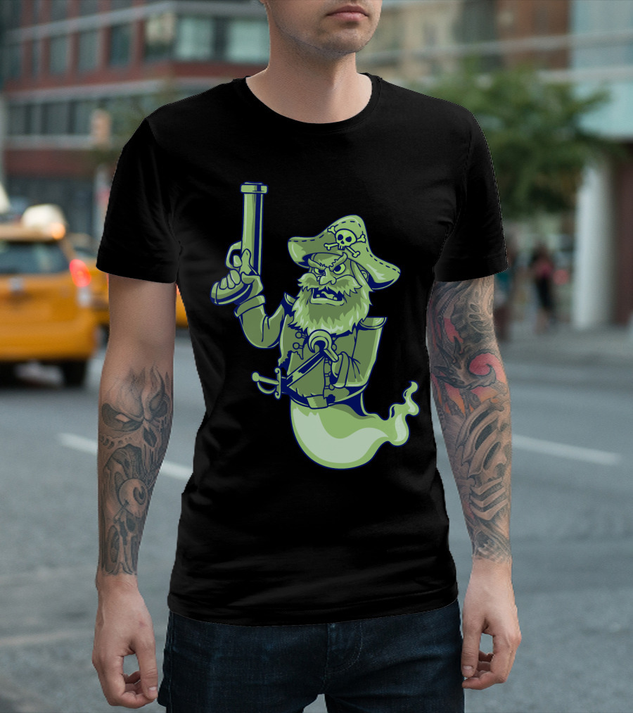 Ghost Pirate Jolly Roger Skull with Sword and Gun Spooky Specter T-Shirt