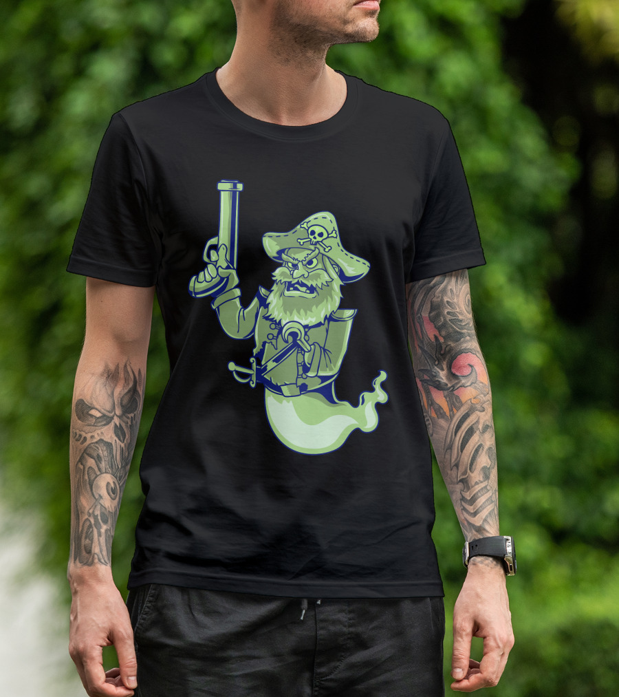 Ghost Pirate Jolly Roger Skull With Sword And Gun Spooky Specter T-Shirt