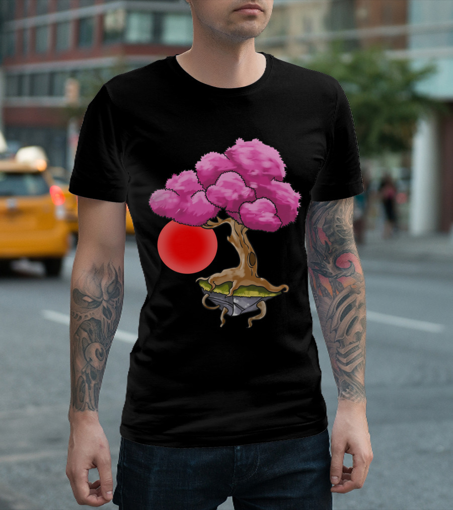 Floating Japanese Cherry Blossom Sakura Tree with Red Sun Sphere T-Shirt