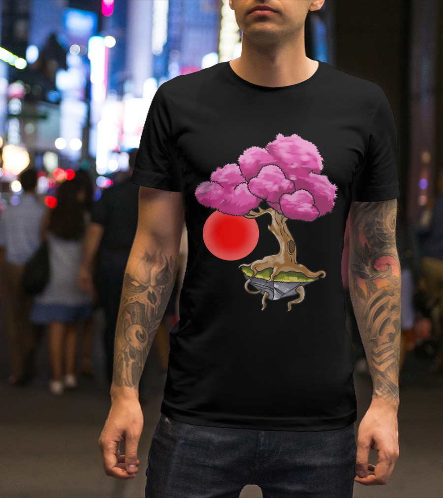 Floating Japanese Cherry Blossom Sakura Tree With Red Sun Sphere T-Shirt