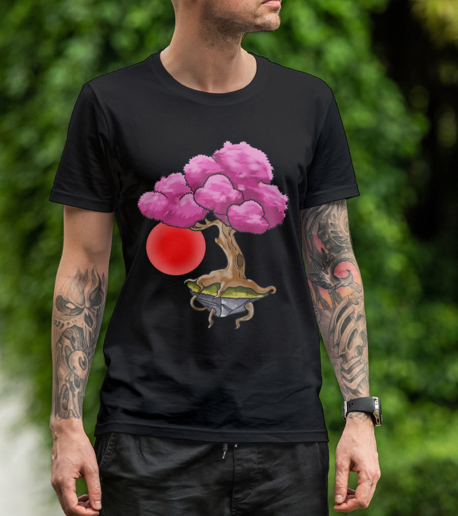 Floating Japanese Cherry Blossom Sakura Tree With Red Sun Sphere T-Shirt