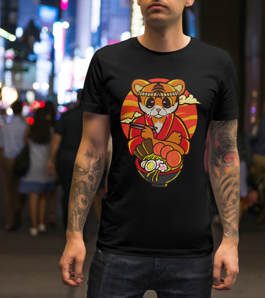 Kawaii Ramen Tiger In Kimono With Japanese Noodles And Sunset Background T-Shirt
