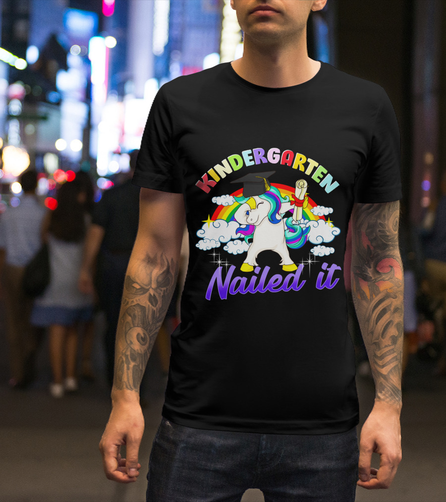 Kindergarten Nailed It Dabbing Unicorn Graduation With Rainbow Clouds And Diploma T-Shirt