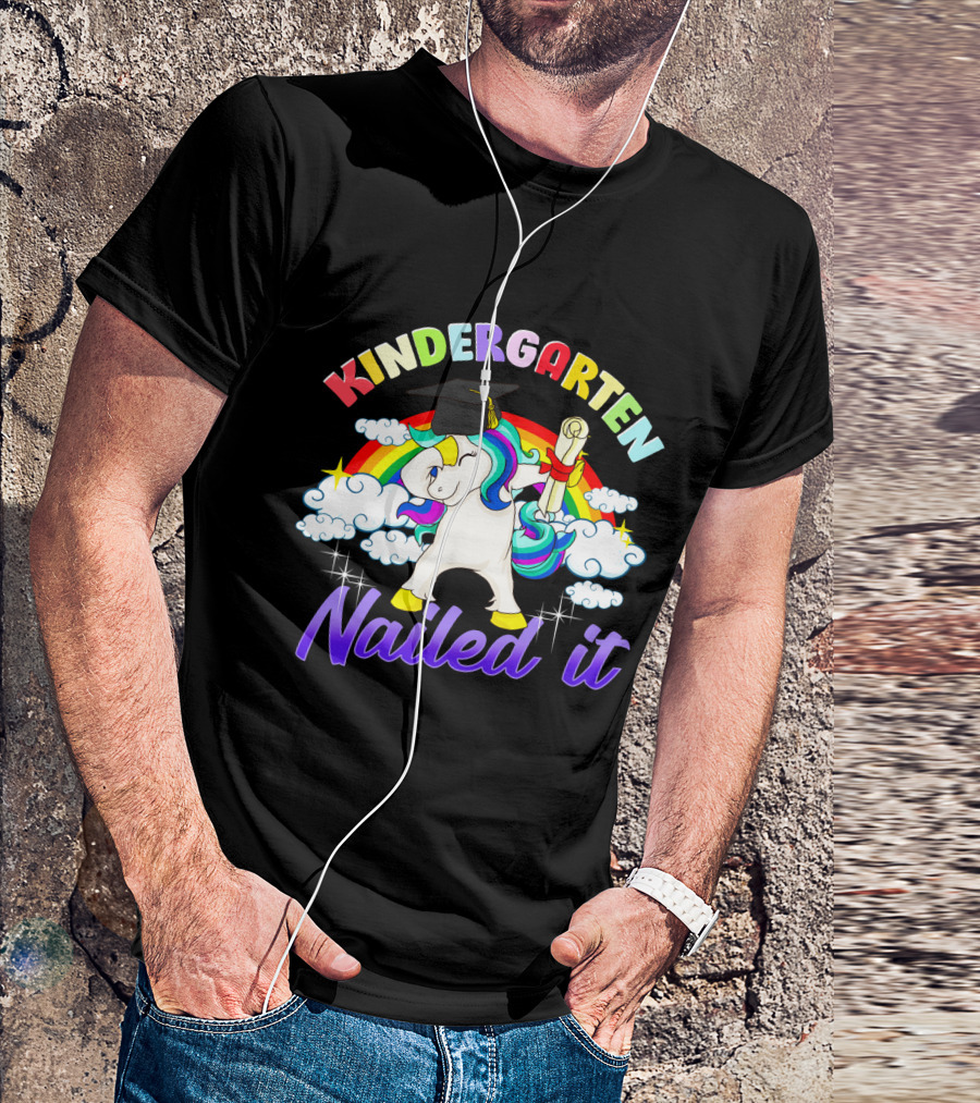 Kindergarten Nailed It Dabbing Unicorn Graduation With Rainbow Clouds And Diploma T-Shirt