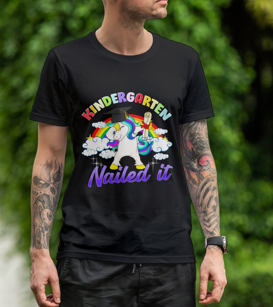 Kindergarten Nailed It Dabbing Unicorn Graduation With Rainbow Clouds And Diploma T-Shirt