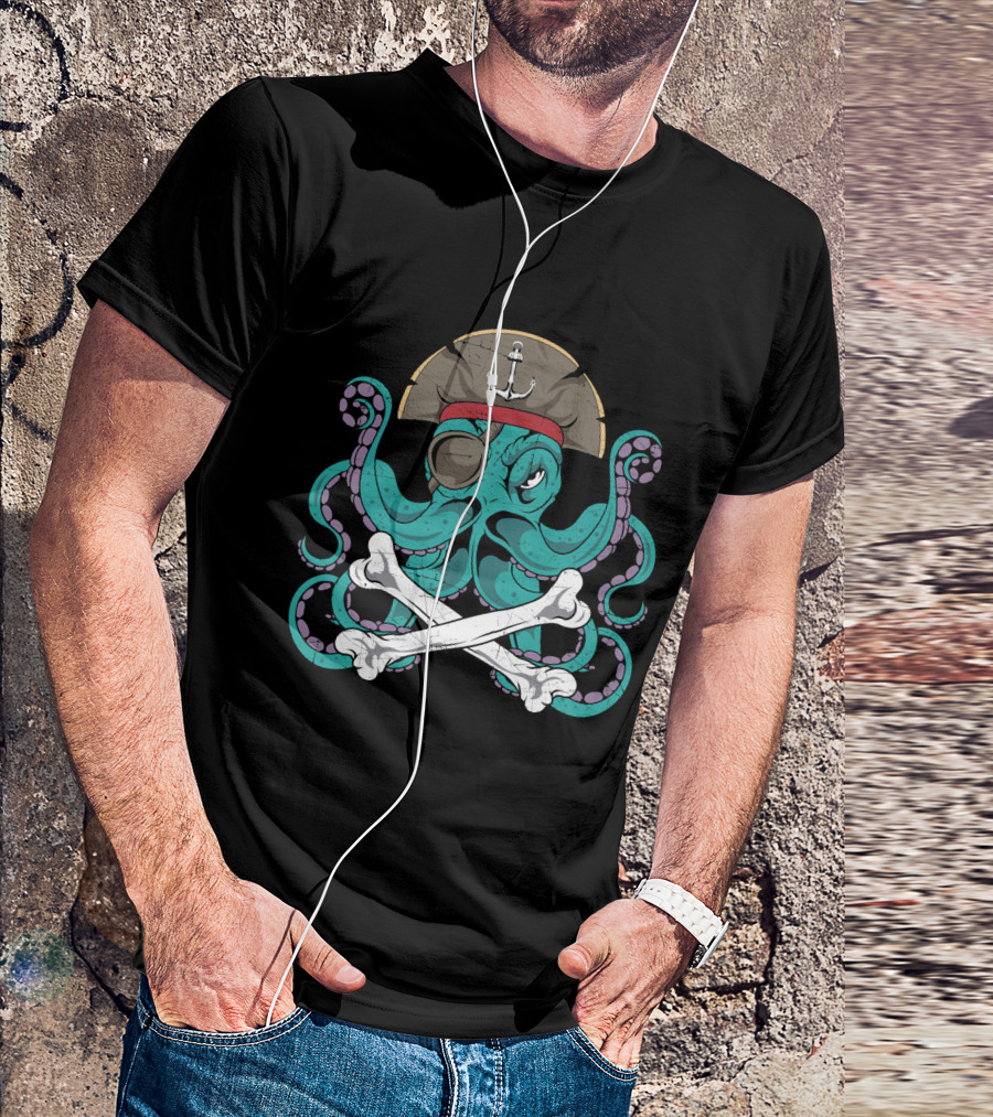 Octopus Pirate Jolly Roger Crossbones Anchor Hat Tentacles T-Shirt