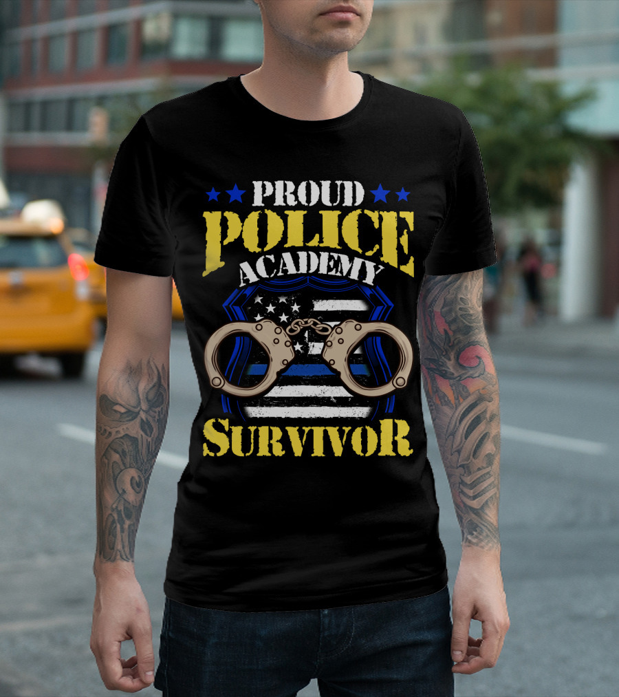 Proud Police Academy Survivor Stars Badge Handcuffs American Flag T-Shirt