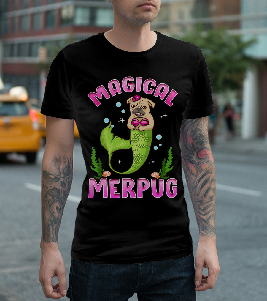 Magical Merpug Pug Dog with Mermaid Tail T-Shirt