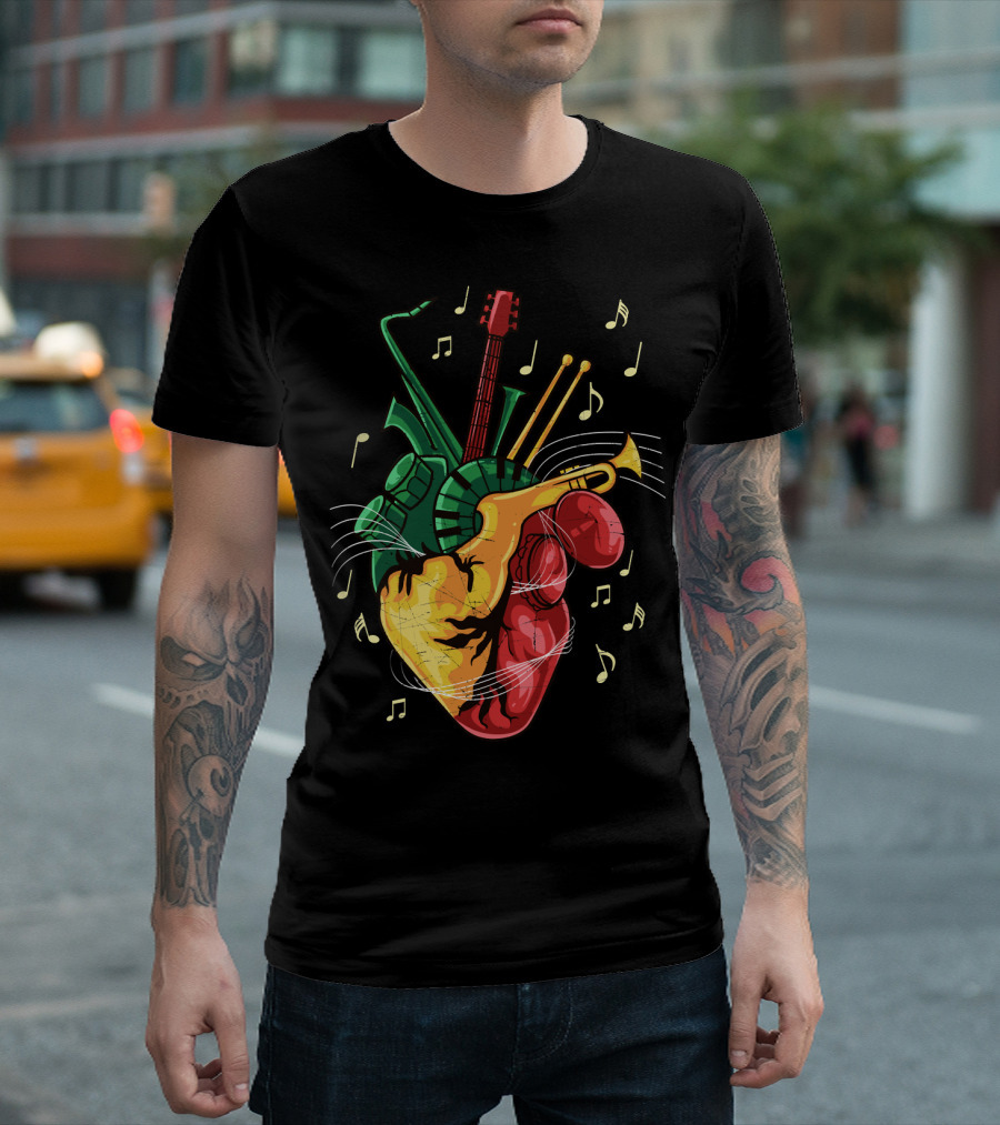 Reggae Lover Jamaican Heart Music Rastafari Instrument Fusion T-Shirt