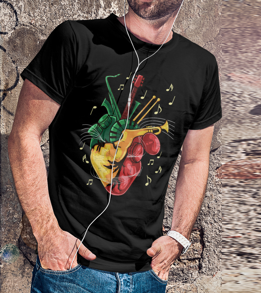 Reggae Lover Jamaican Heart Music Rastafari Instrument Fusion T-Shirt